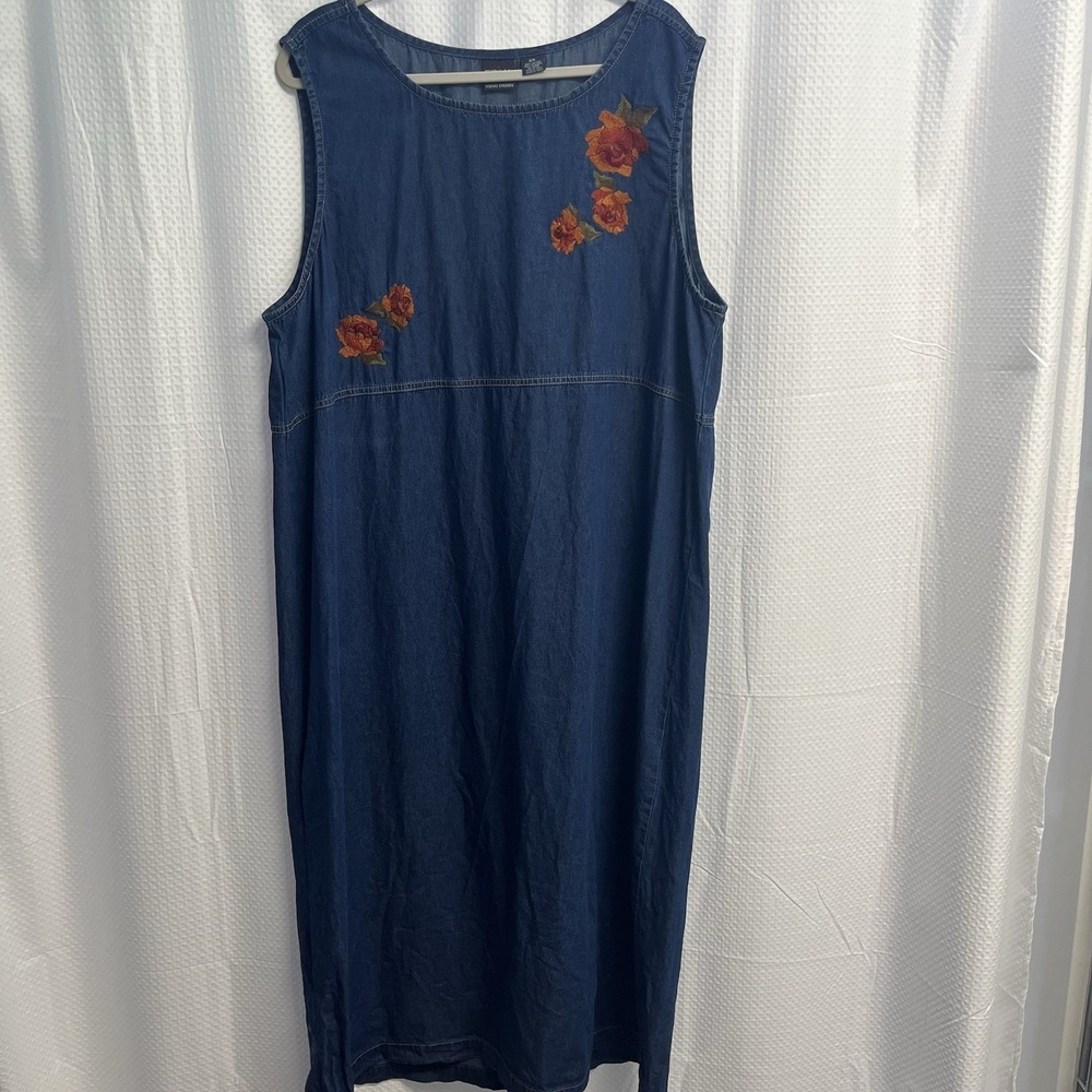 Erika Blue Denim Floral Embroidered Maxi Dress Autumn Cottagecore 2X Granny Chic